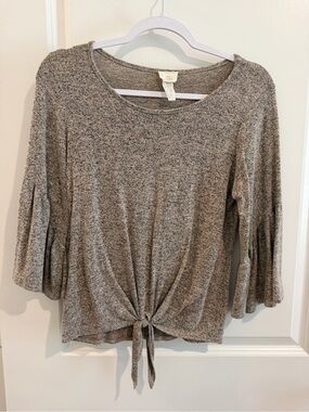 Caution To The Wind Heather Gray Tie-Front Bell Sleeve Top